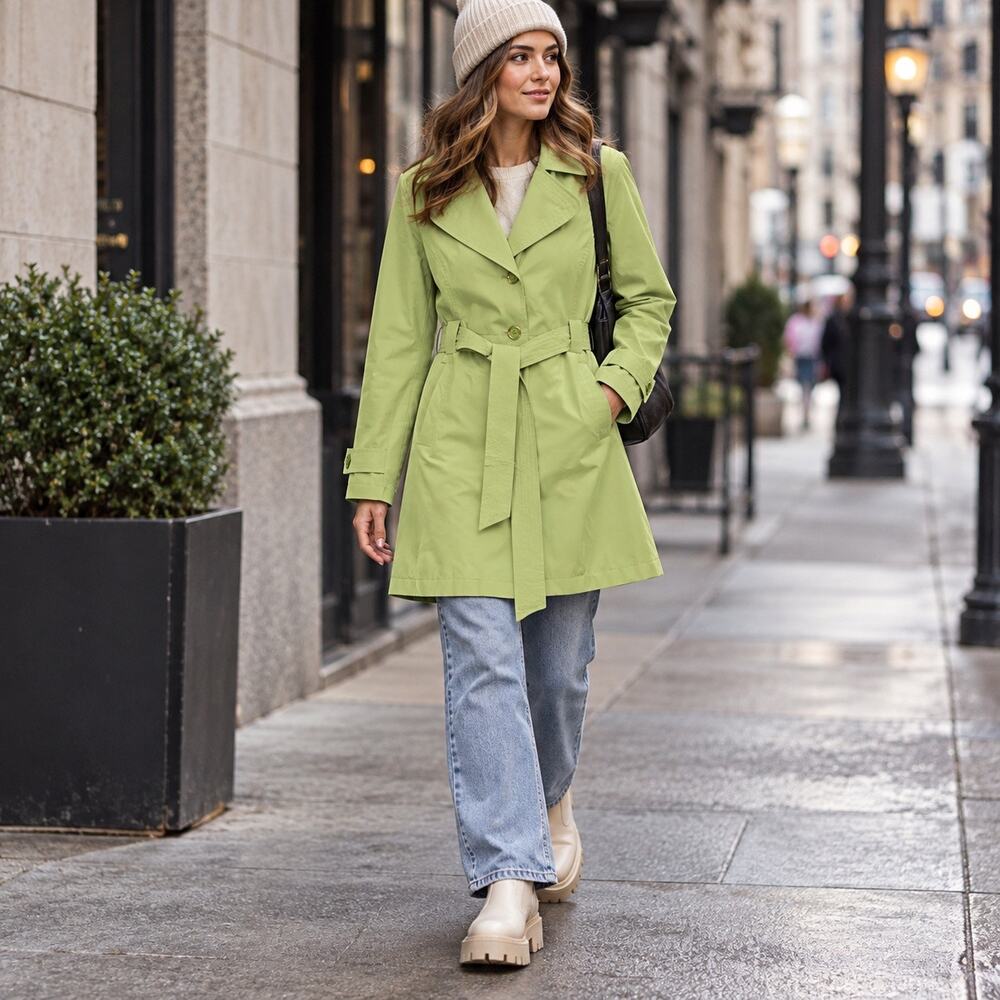Jason Kole Green Lined Hooded Belted Trench Coat SzL Contemporary